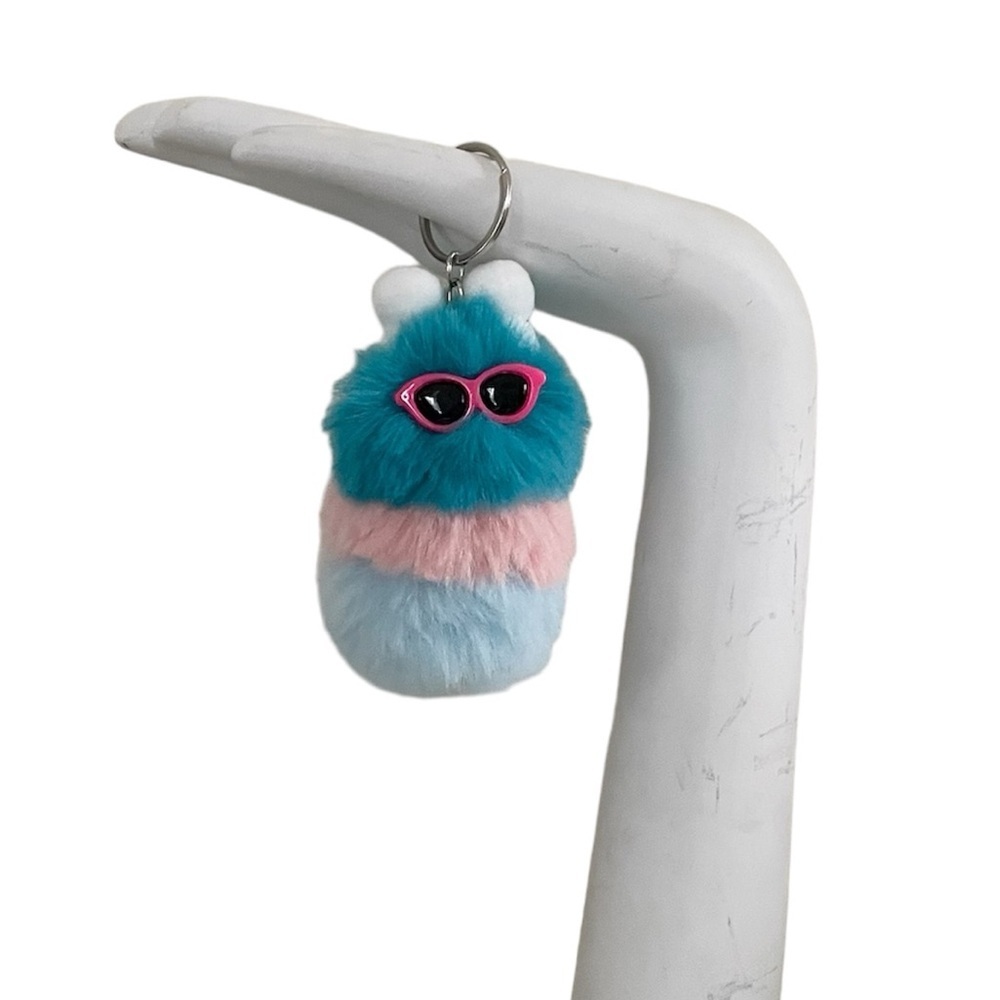 Blue & Pink Sunglasses Character Fluffy Pom Pom Keychain Accessory